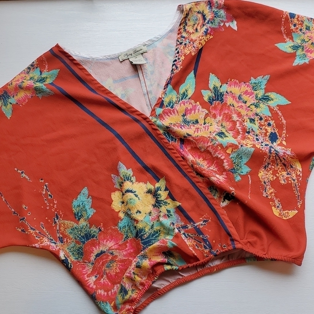 Flying Tomato Burnt Orange Floral Crop Top with Kimono Sleeve XS